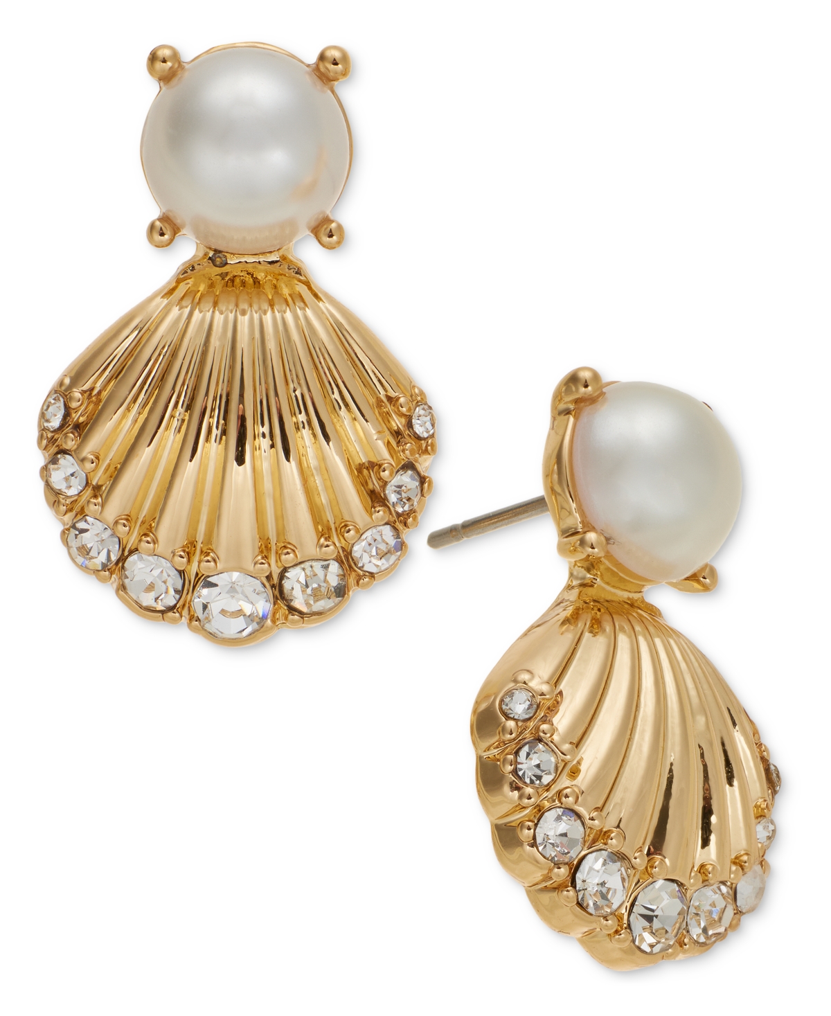 Gold-Tone Pave Shell & Imitation Pearl Stud Earrings, Exclusively at Macy's - White