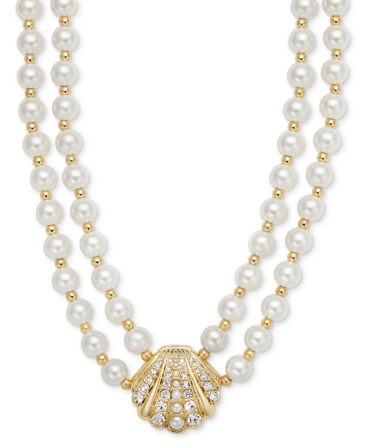 Gold-Tone Pave & Imitation Pearl Double Strand Pendant Necklace, 16" + 2" extender, Exclusively at Macy's - White