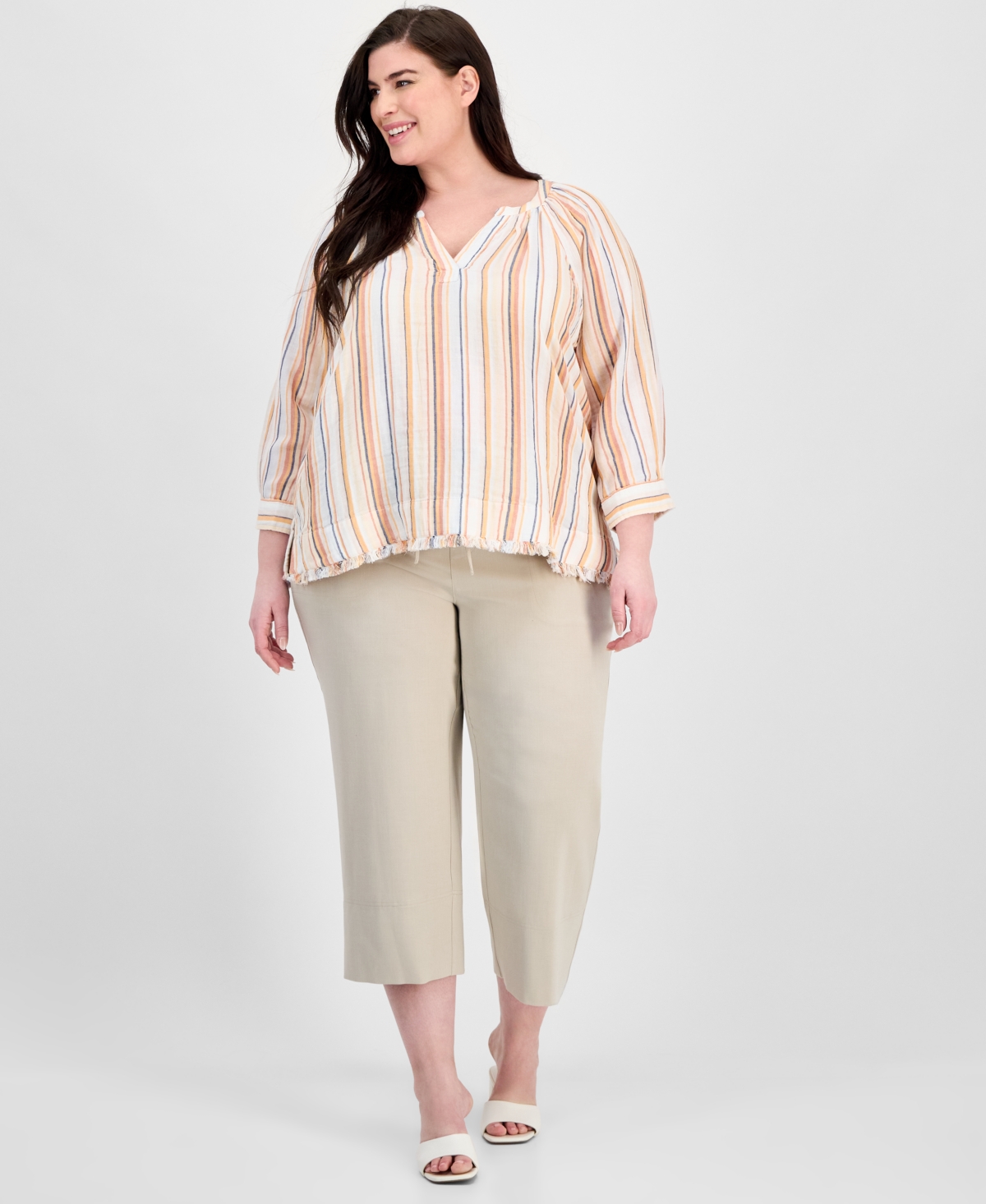Liverpool Los Angeles Plus Size Striped Top Wide Leg Pull On Pants In Gray