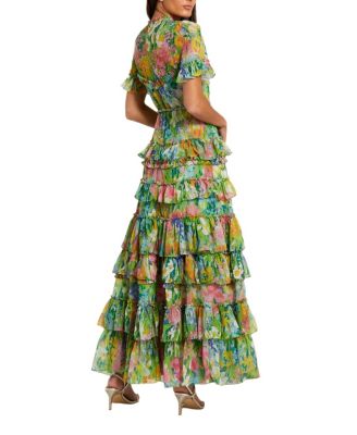 Women's Floral Printed Chiffon Tiered Ruffle Gown
