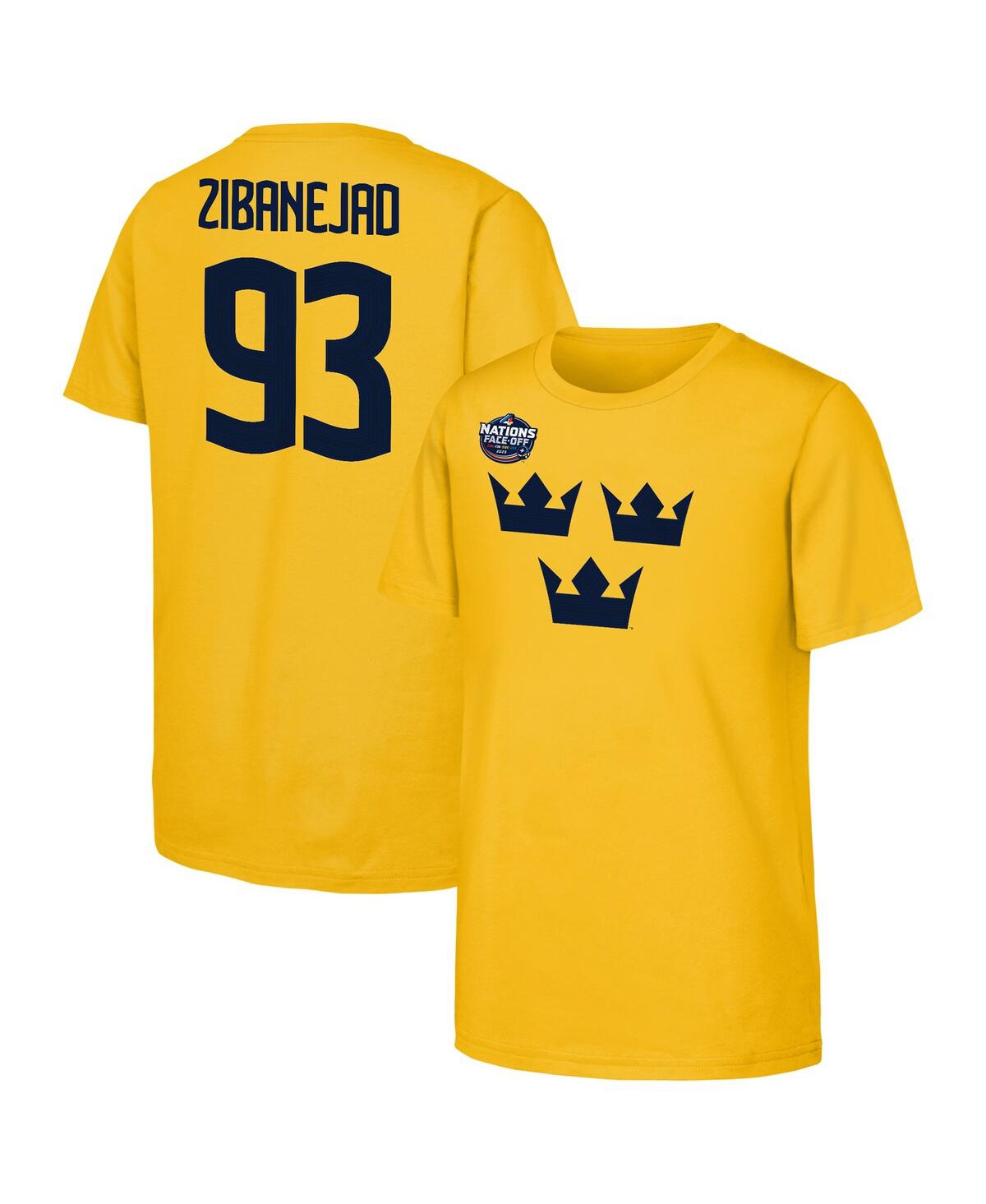 OUTERSTUFF BIG BOYS AND GIRLS MIKA ZIBANEJAD GOLD SWEDEN 2025 4 NATIONS FACE-OFF PLAYER NAME NUMBER T-SHIRT 