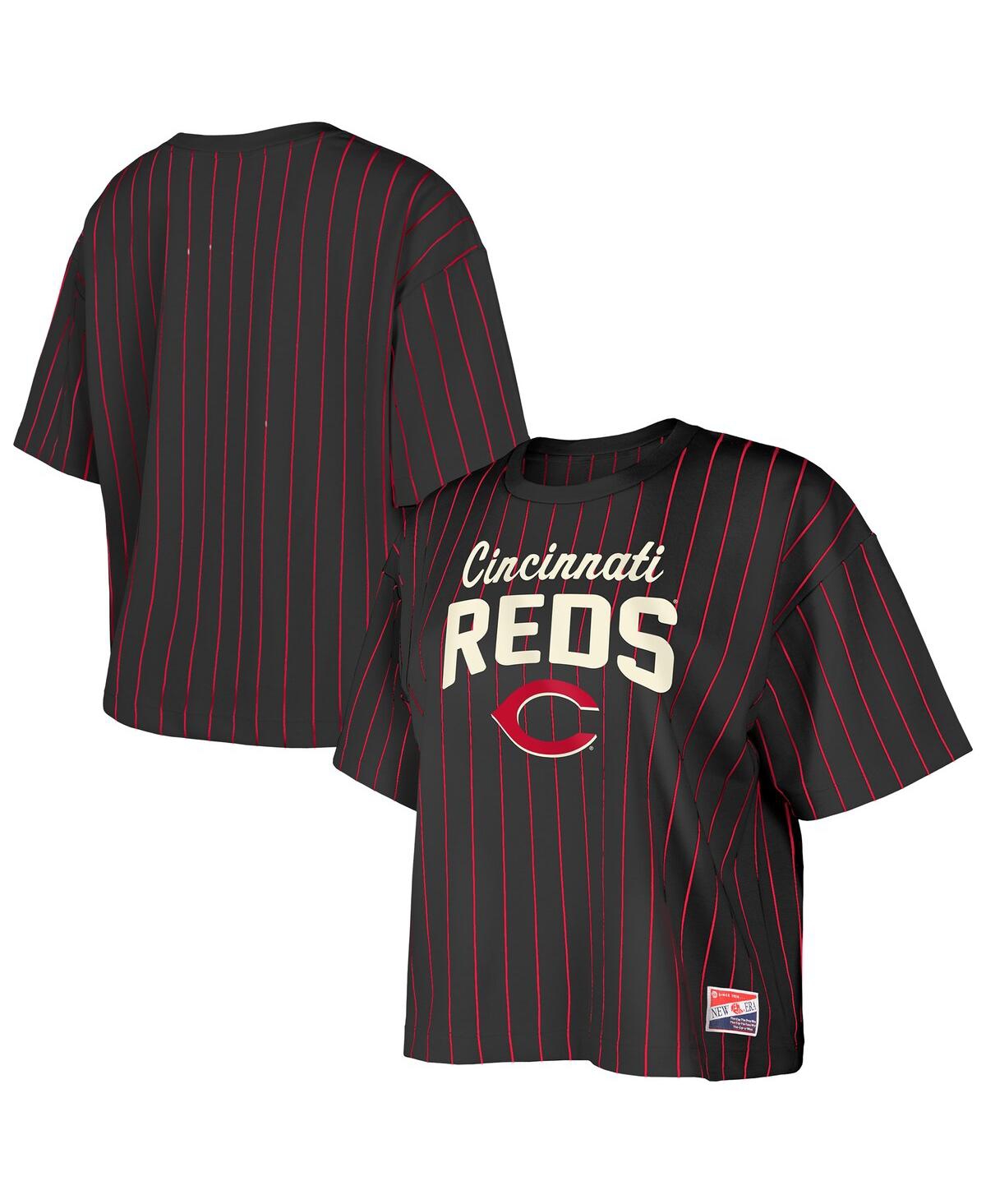 NEW ERA WOMEN'S BLACK CINCINNATI REDS COOPERSTOWN COLLECTION MULTIPLIER PINSTRIPE CROPPED T-SHIRT 