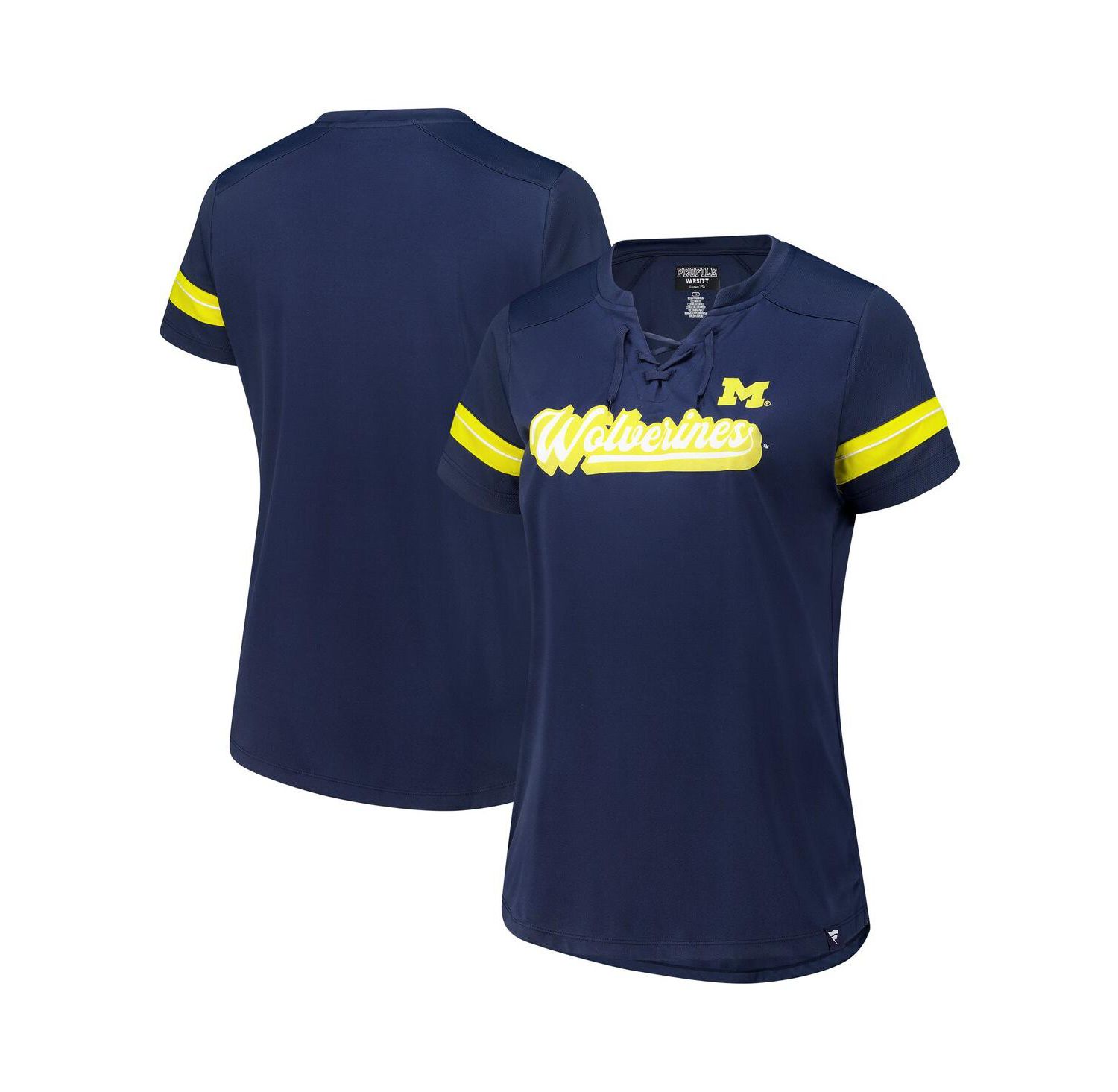 Women's Navy Michigan Wolverines Plus Size Overtime Readiness Lace-Up T-Shirt