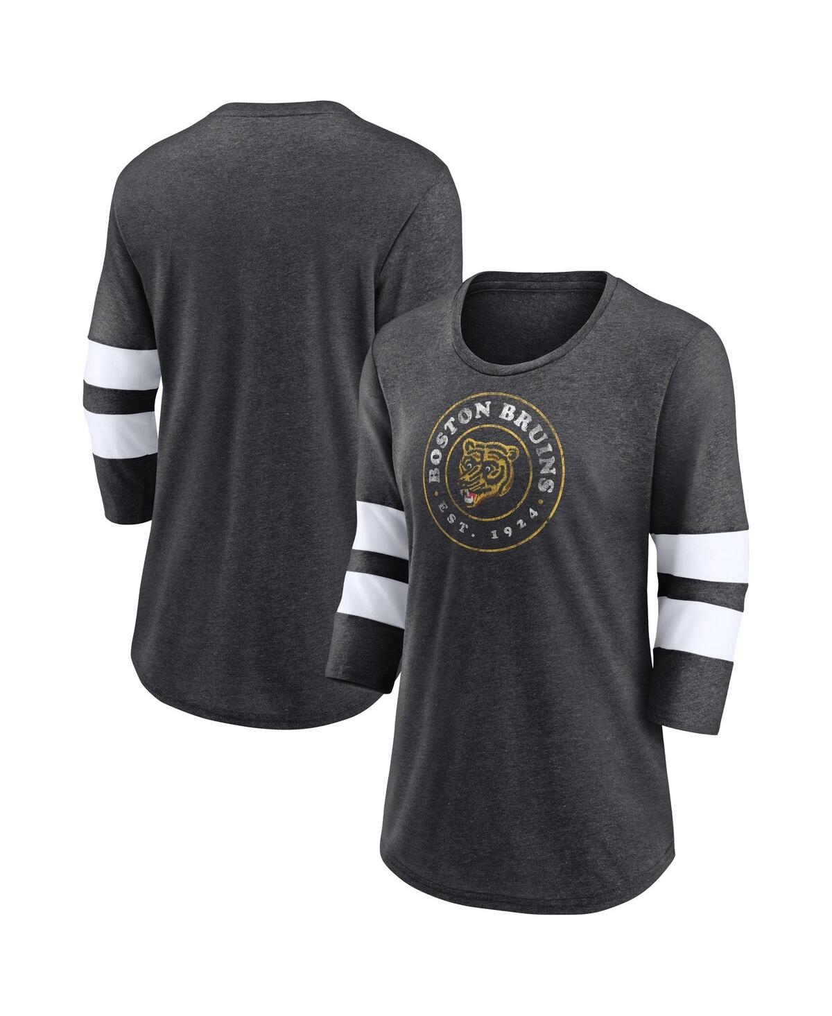 Fanatics Women's Heather Charcoal Boston Bruins One Timer Tri-blend Scoop Neck 3/4-sleeve T-shirt In Heather Charcoal