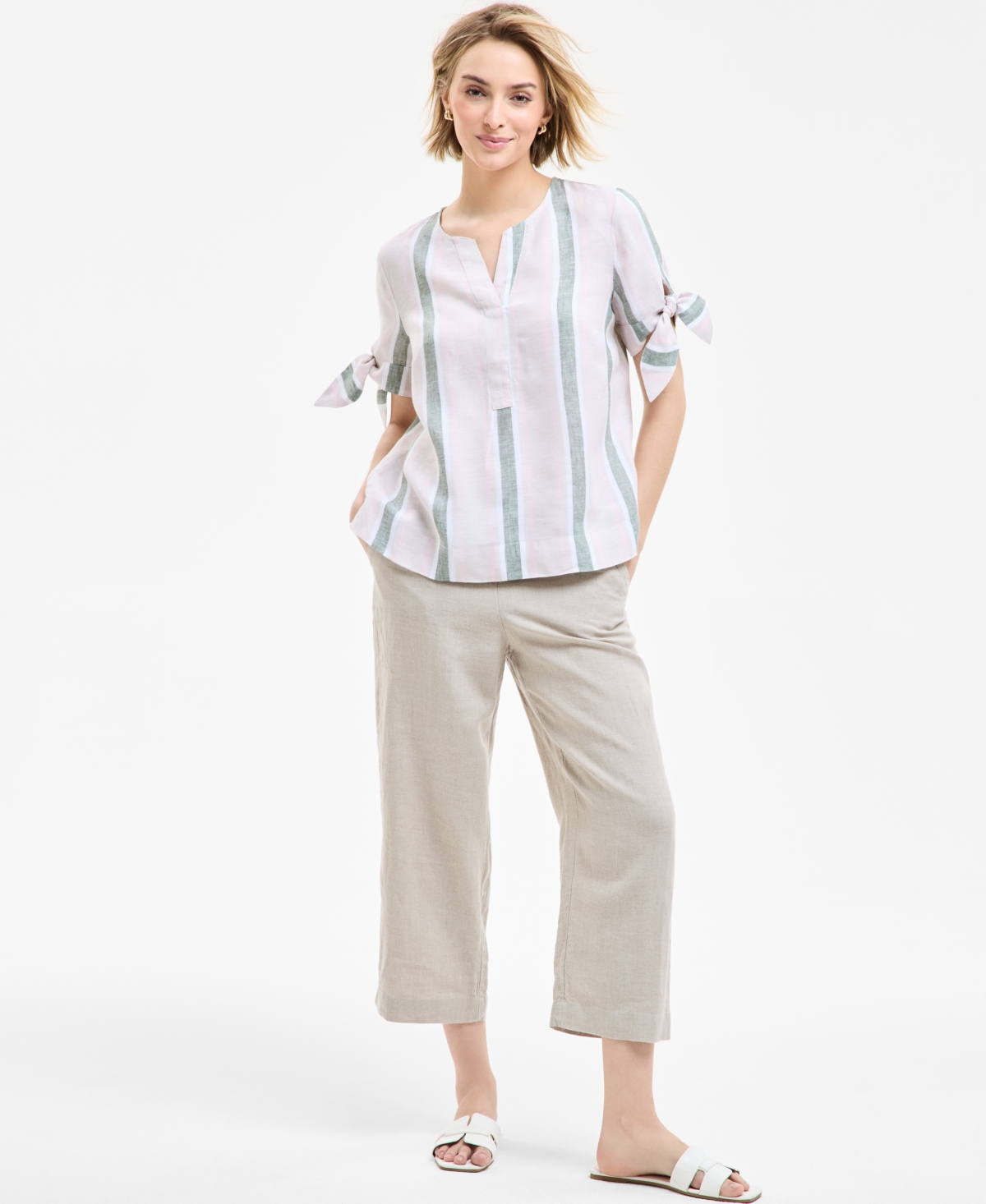 CHARTER CLUB WOMEN'S 100% LINEN STRIPED TIE-CUFF TOP, EXCLUSIVELY AT MACY'S 
