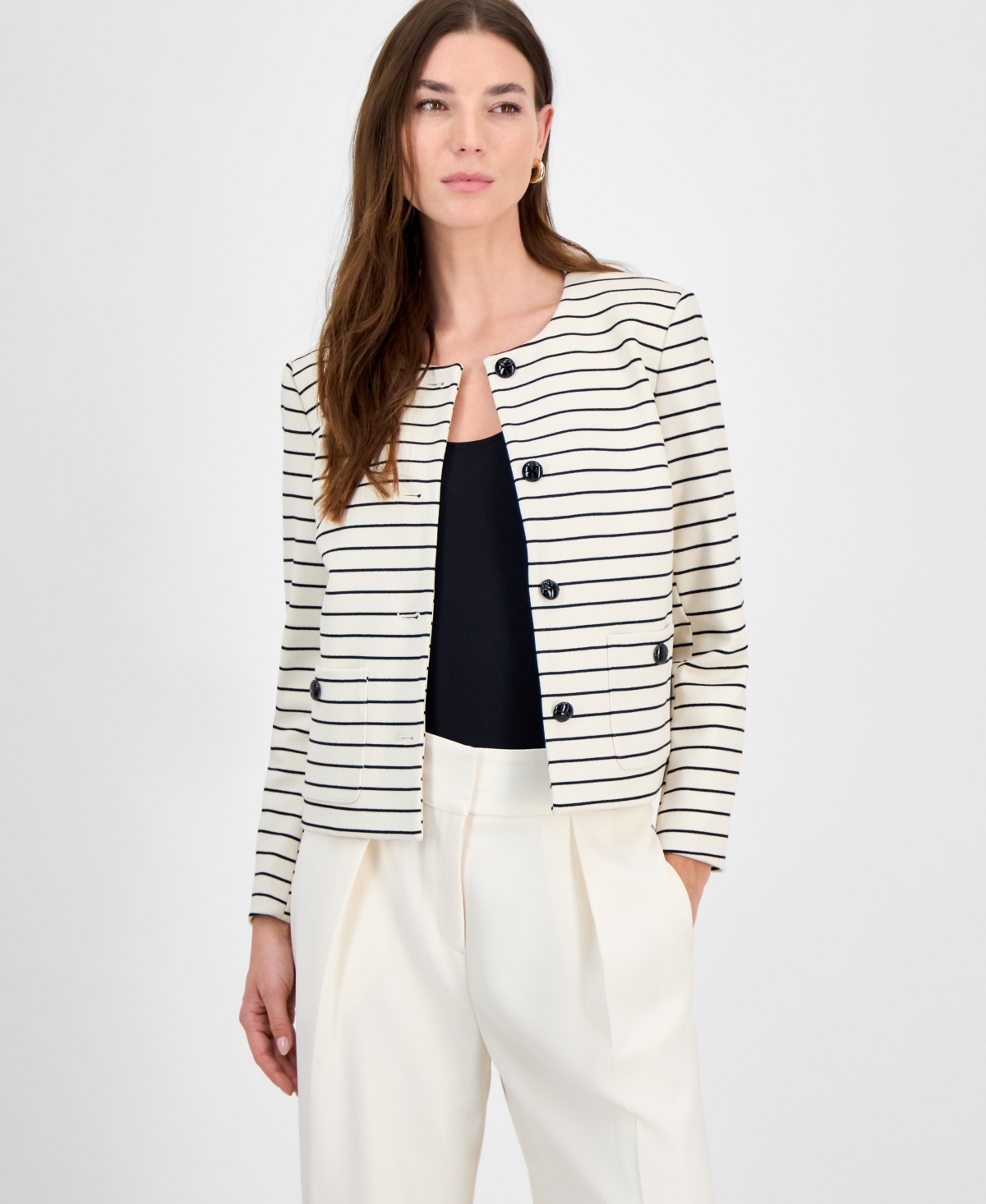 Bar Iii Women's Striped Knit Button-front Cropped Jacket, Exclusively At Macy's In Bar White,black