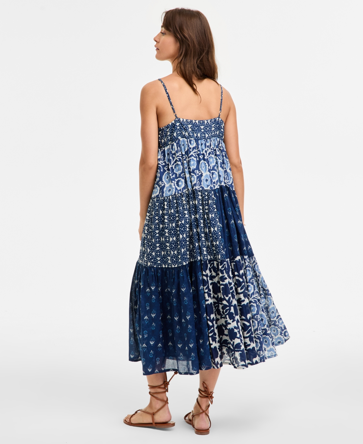 LUCKY BRAND WOMEN'S PATCHWORK PRINTED SLEEVELESS TIERED MIDI DRESS 
