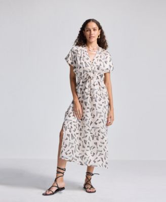 Women's Gathered Maxi Dress with Side Slits in Mosaic