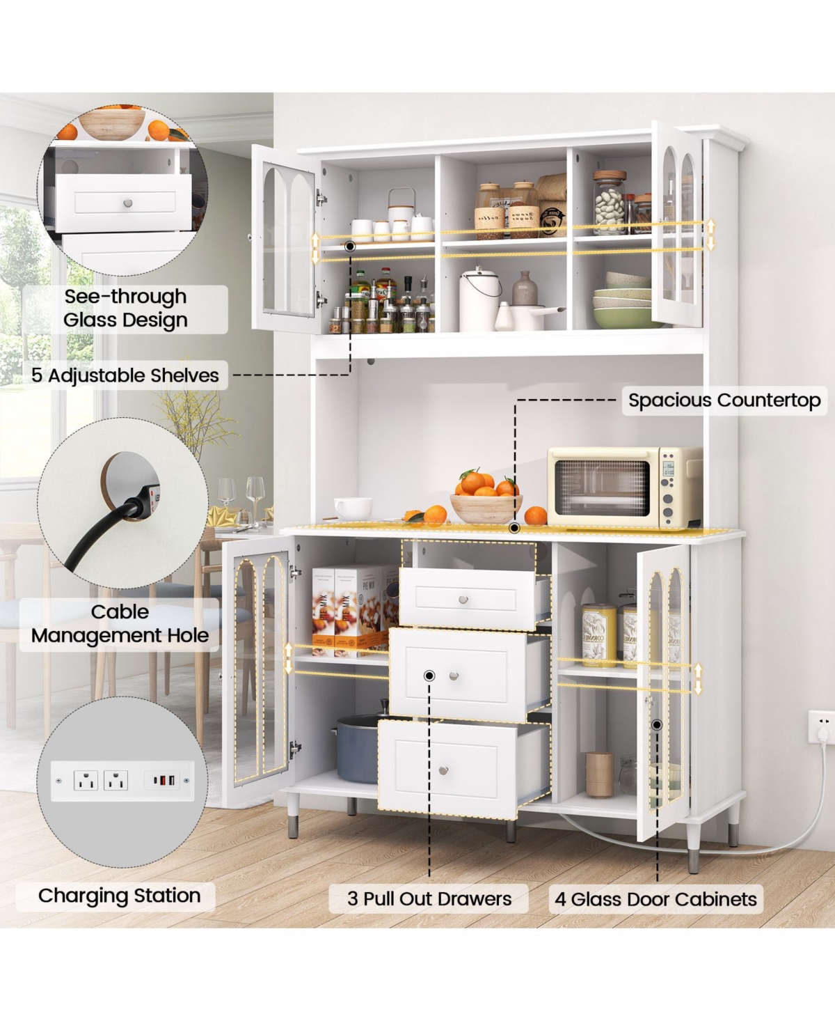 73 Inch Kitchen Pantry Storage Cabinet Freestanding Buffet Cabinet with Led Lights