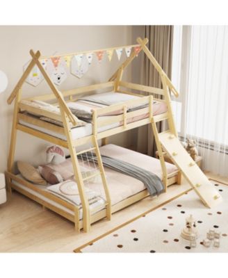 Twin Over Queen Bunk Bed Wooden Kids Bed with Climbing Nets and Ramp