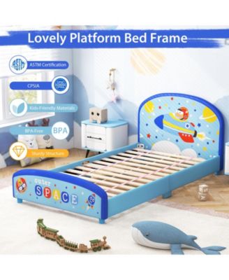 Wood Upholstered Twin Bed Platform with Slat Support