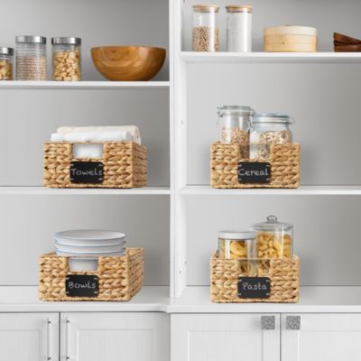 (Set of 4) Water Hyacinth 10"x13"x5" Pantry Baskets w/ Chalkboard Labels and Marker - Natural, Woven Storage Bins for Kitchen Shelves