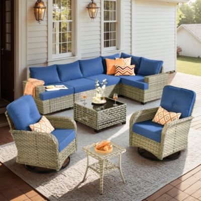 9 Pieces Outdoor Patio Furniture Set,Rattan Sectional Sofa Couch,Outside Coversation Set with Extra Deep Swivel Chairs and Solar Coffee Table for Porch Balcony Backyard Deck Poolside