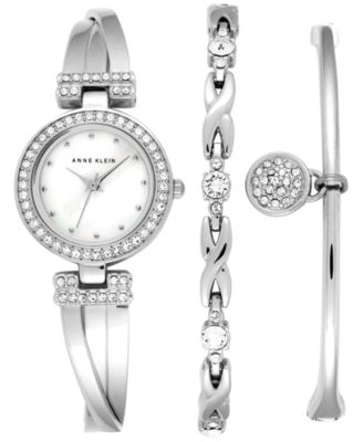 Anne Klein - Women's Crystal Accent Stainless Steel Bangle Bracelet Watch & Bracelets Set 24mm AK/1869SVST
