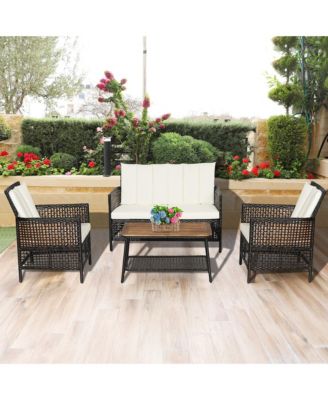 4 Piece Patio PE Wicker Conversation Furniture Set w/ Acacia Wood Tabletop & Cushions