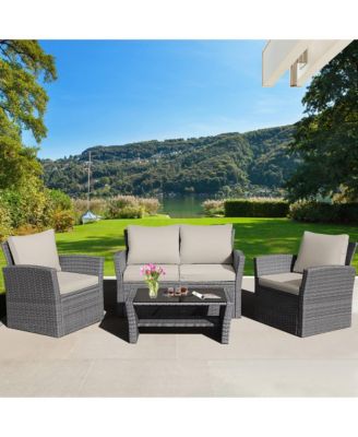 4 Piece Outdoor Furniture Set Patio Rattan Conversation Set w/ Cushions