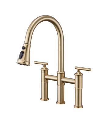 23.6" Bridge Kitchen Faucet with Pull Down Sprayer Bridge Faucet 3 Holes Double Handle Kitchen Faucet Brass Kitchen Faucets