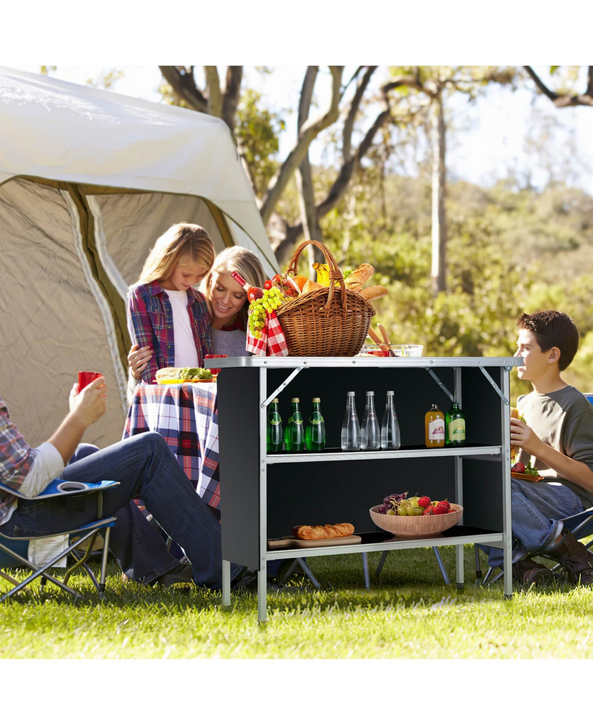 Folding Camping Table with 2-Tier Open Shelves for Outdoor Bbq