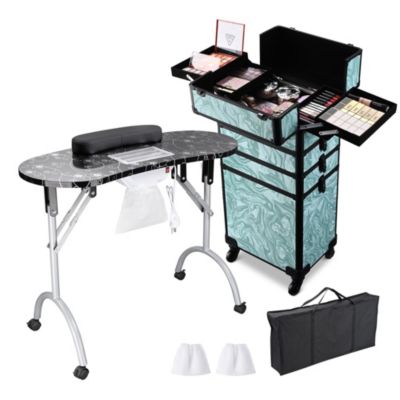 Folding Manicure Nail Table 4in1 Rolling Makeup Train Case CB Dusk