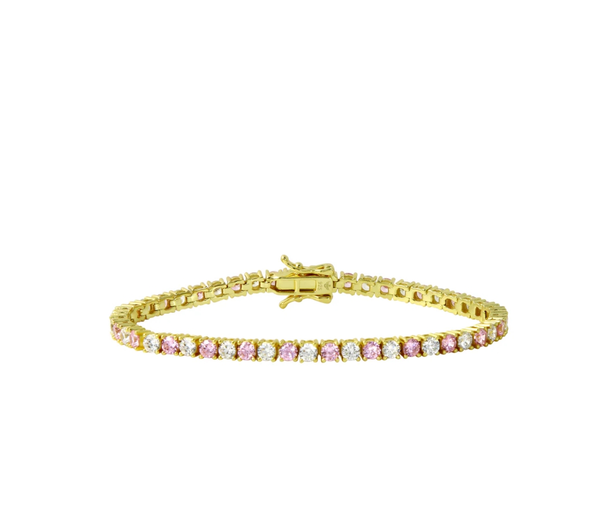 Gold Tone Simulated Pink Sapphire and Alternating Cz Tennis Bracelet