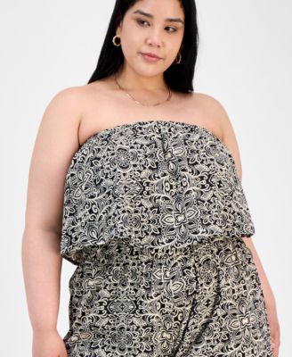 Trendy Plus Size Printed Strapless Romper