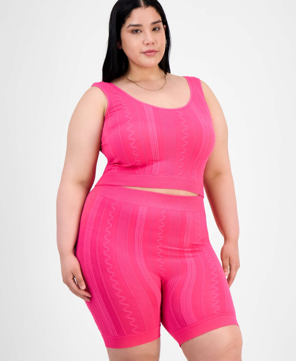 Full Circle Trends Trendy Plus Size Mixed Stitch Crop Top & Bike Shorts Set
