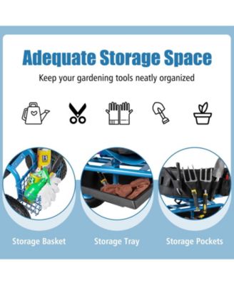 Height Adjustable Swivel Seat and Storage Basket Rolling Garden Cart