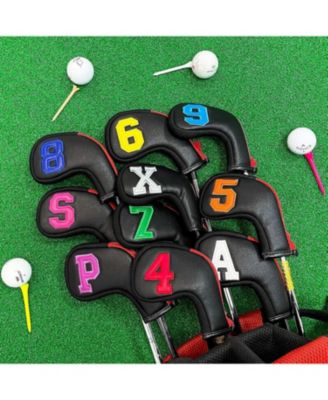 Golf Head Covers for Iron Headcover with Zipper Black Leather 10pcs Set Colorful Number Embroideried PU Leather Waterproof Fit All Brands
