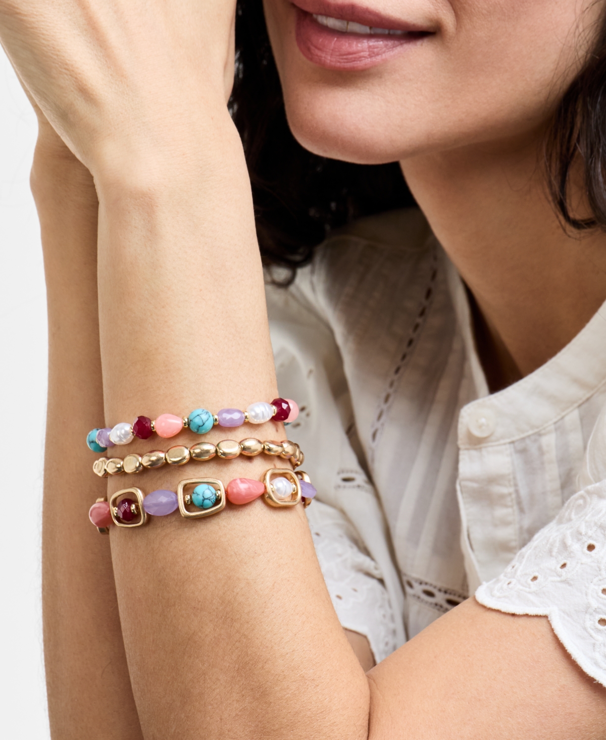Style & Co Gold-tone 3-pc. Set Mixed Stone Stretch Bracelets, Exclusively At Macy's