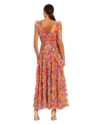 Women's Floral Mesh Ruffle V Neck Ankle Dress