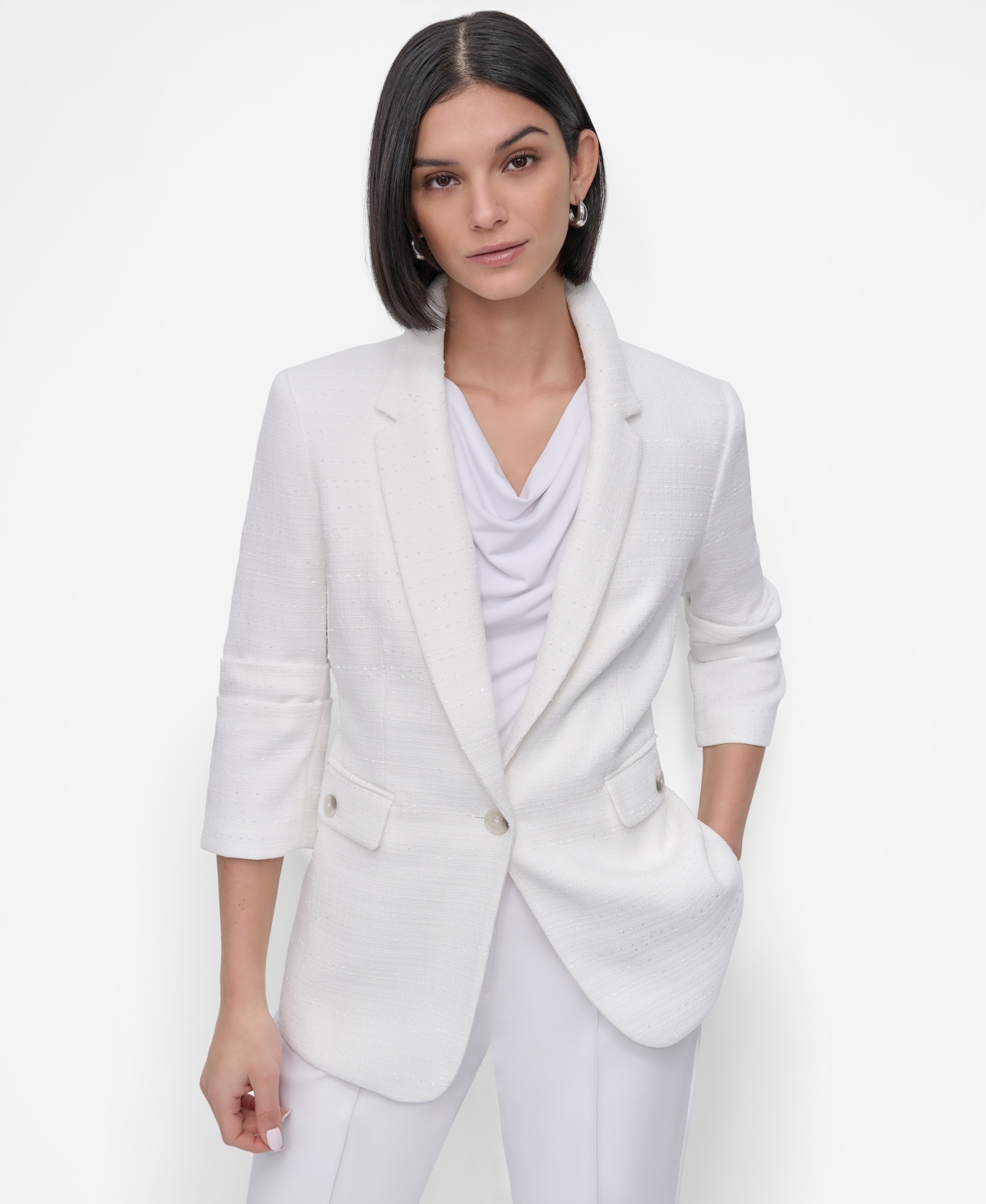 Women's Ruched-Sleeve Open-Front Blazer - White