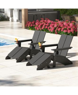 Outdoor 4-Piece HDPE Modern Adirondack Chairs Set with Folding Patio Ottomans and Cup Holder