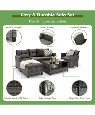 4 Piece Rattan Outdoor Conversation Sectional Sofa Set Patio Furniture Set w/ Cushions