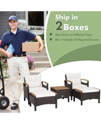 5 Piece  PE Wicker Lounge Chair Outdoor Patio Rattan Furniture Set w/ Wood Tabletop Cushions