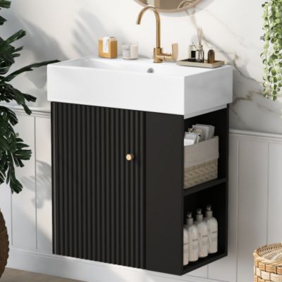 21.6inch Modern Floating Bathroom Vanity with Ceramic Basin Wave Pattern Door Side Storage Black