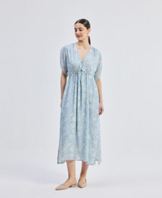 Women's Maxi Gathered Dress in Blue Florals