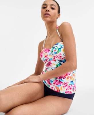 ANNE COLE WOMENS WATERCOLOR PAISLEY TWIST FRONT BANDEAU TANKINI TOP HIGH WAIST BIKINI BOTTOMS 