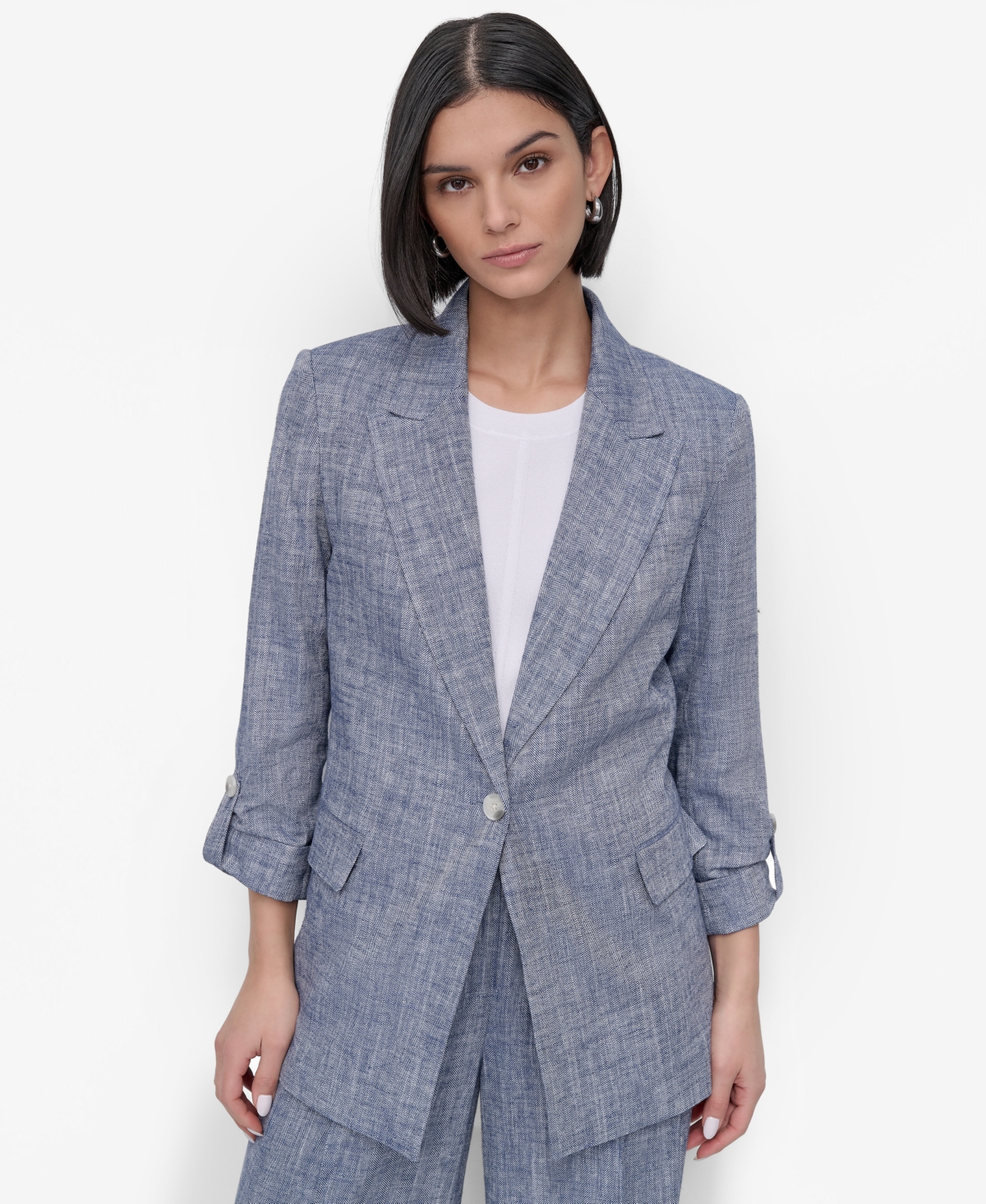 Petite Ruched-Sleeve One-Button Jacket - Atlantic Blue / Ivory