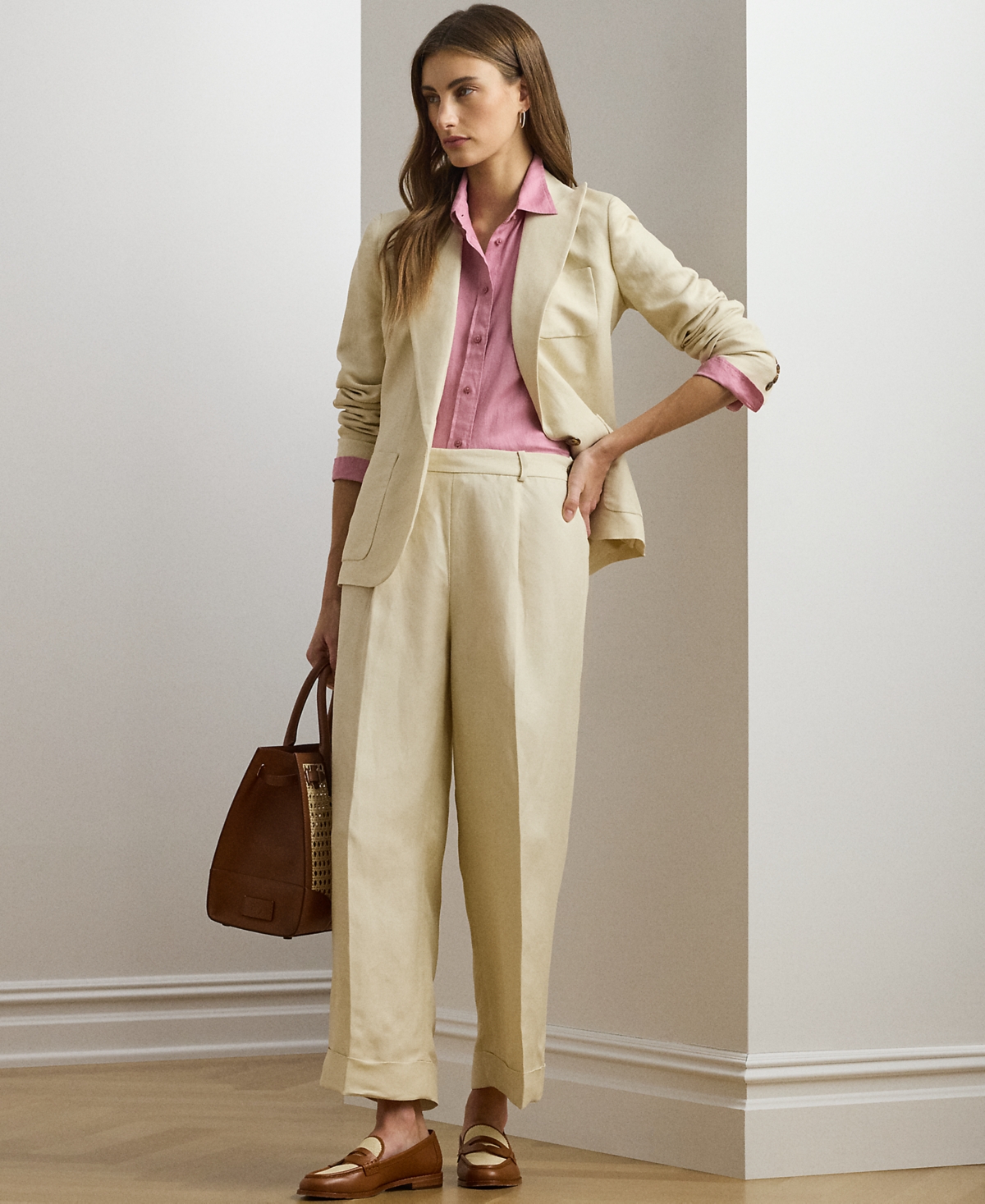 Shop Ralph Lauren Petite Linen-blend Twill Wide-leg Pants In Ivory Beige