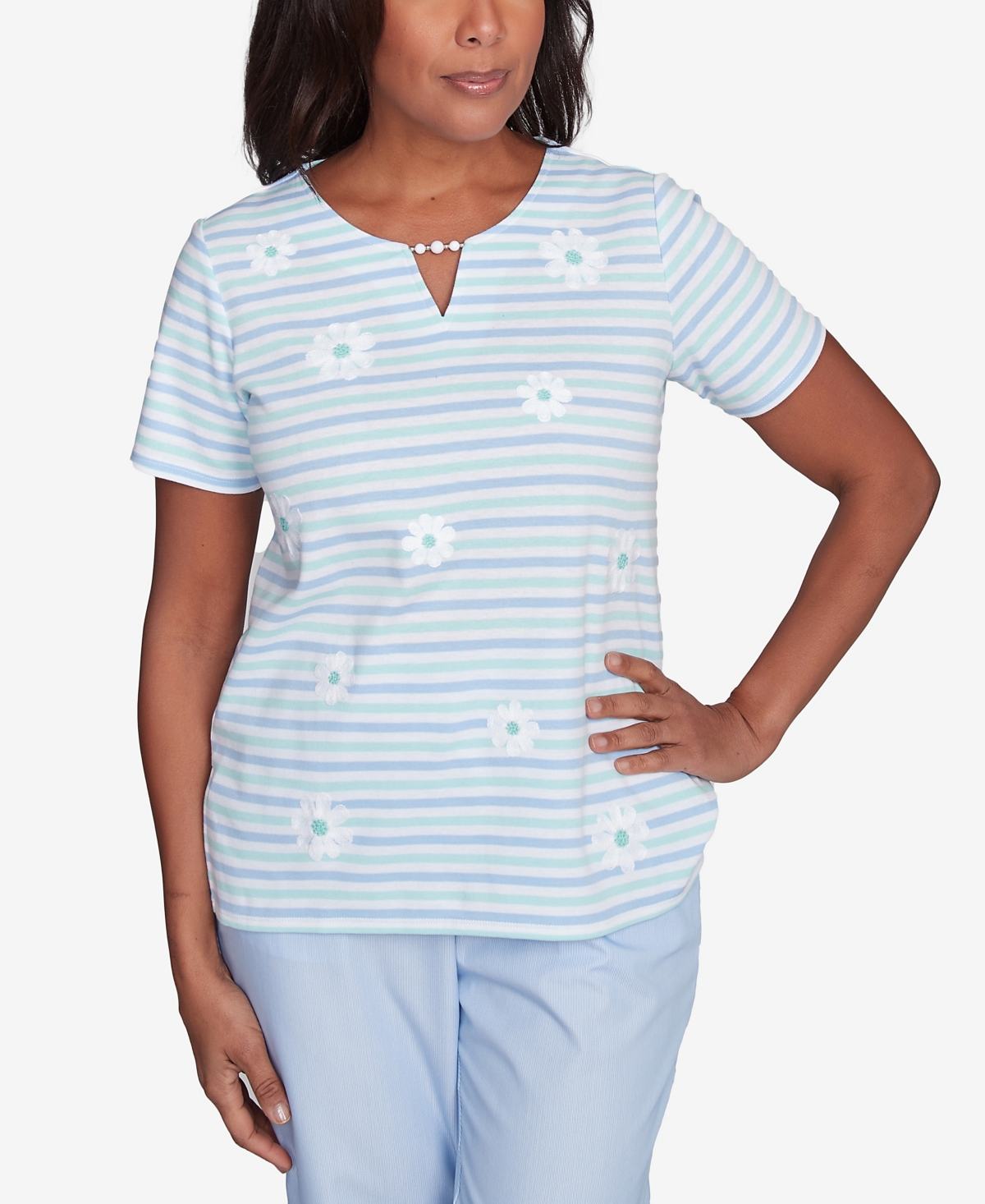 Petite St. Thomas Embroidered Daisy Striped Top - Mint Multi