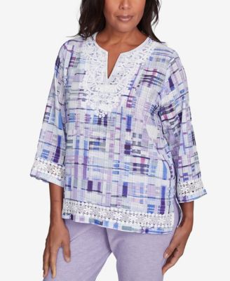 Petite Crystal Springs Watercolor Plaid Lace Neck Top
