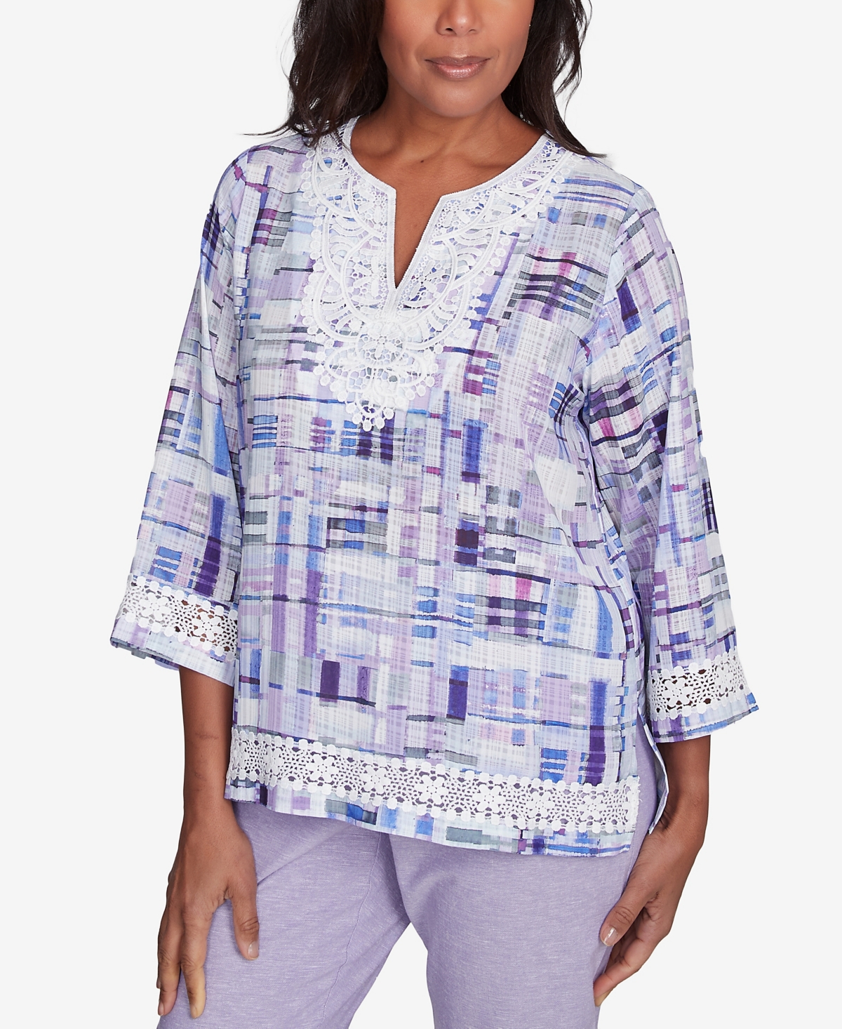 Alfred Dunner Petite Crystal Springs Watercolor Plaid Lace Neck Top In Multi