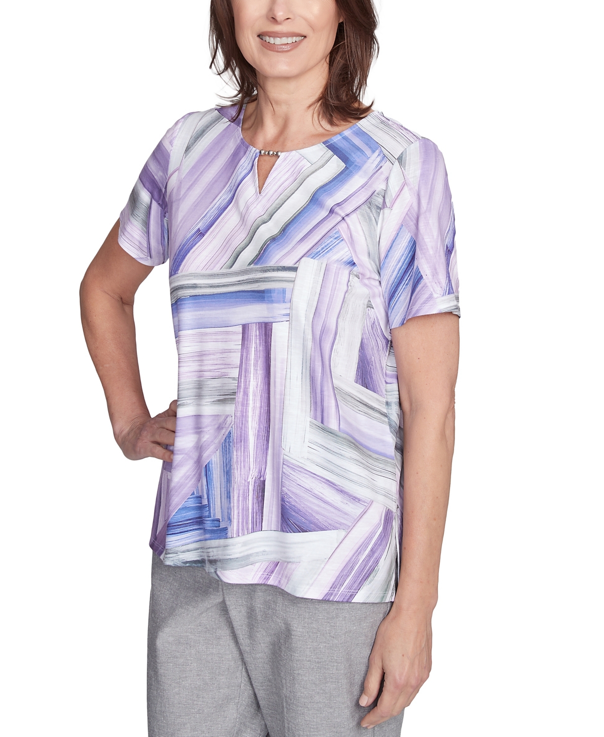 Alfred Dunner Petite Crystal Springs Brushstroke Stained Glass Short Sleeves Top In Lilac Multi