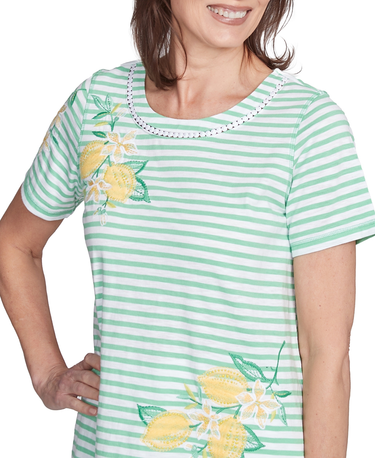 Alfred Dunner Petite Rise Shine Lemon Printed Striped Top In Lime