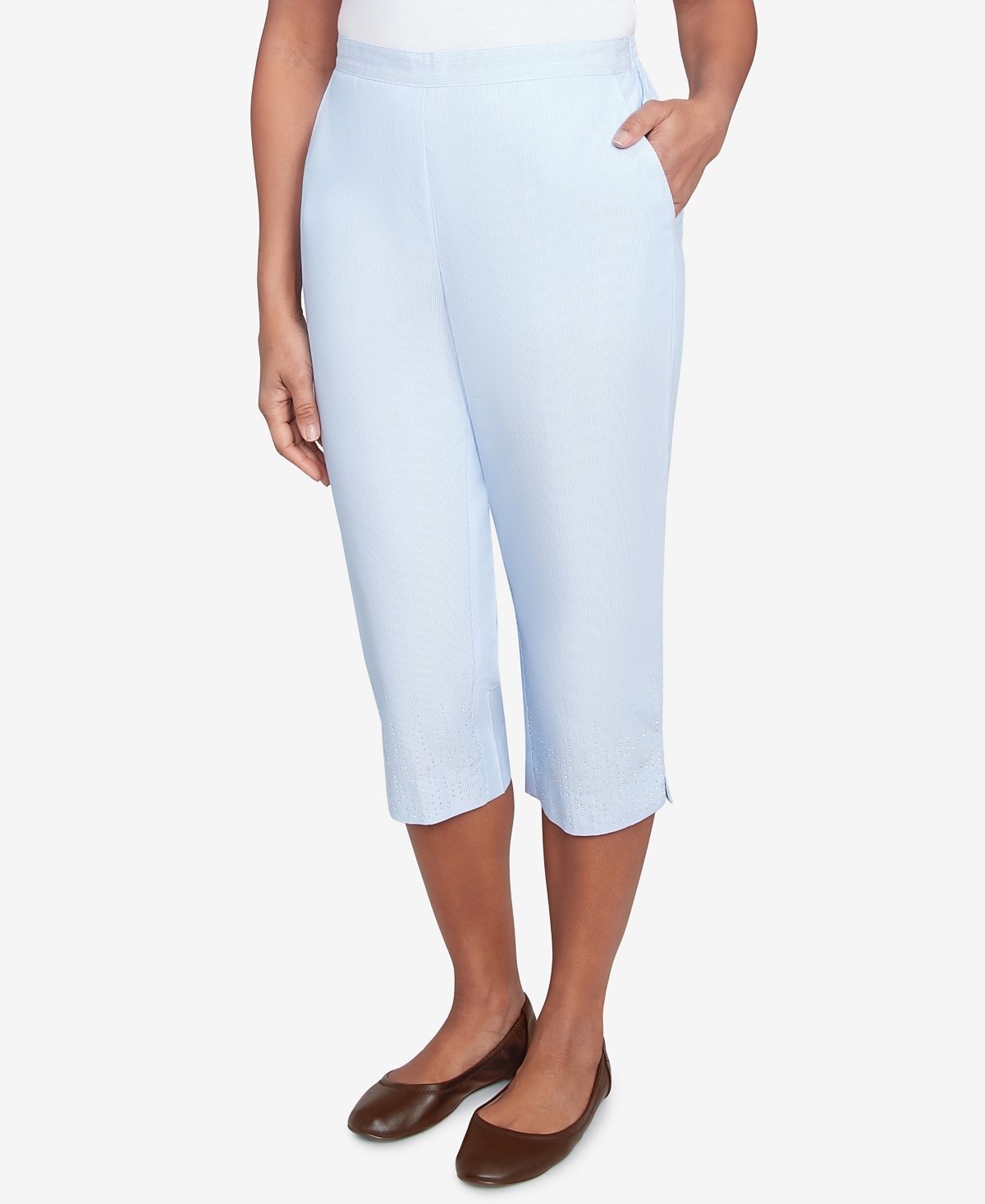 Alfred Dunner Petite St. Thomas Heat Set Embroidered Capri Pants In Sky Blue