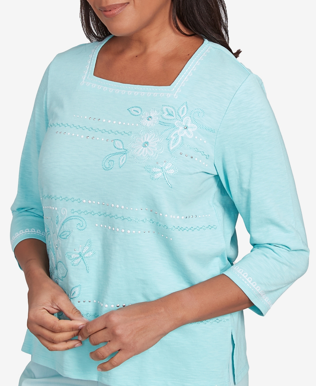 Alfred Dunner Plus Size St. Thomas Asymmetrical Dragonfly Embroidery Top In Blue