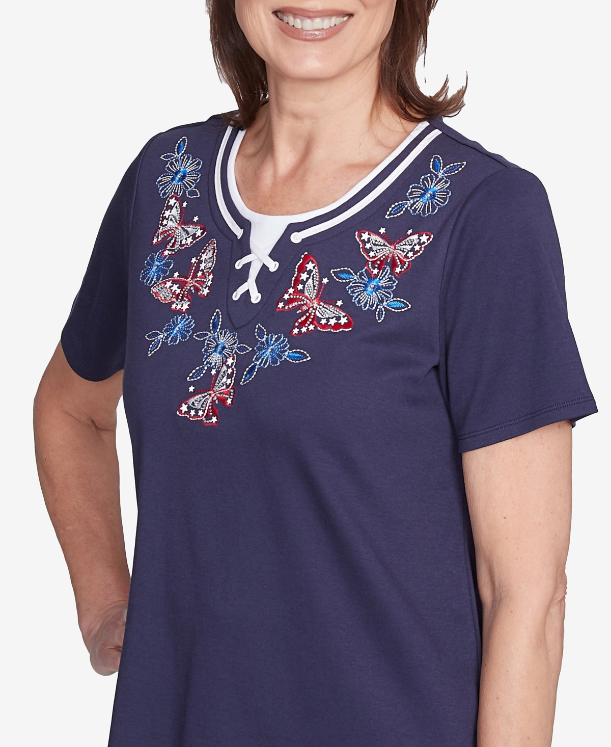 Alfred Dunner Plus Size Land Of The Free Butterfly Criss-cross Crew Neck Top In Navy