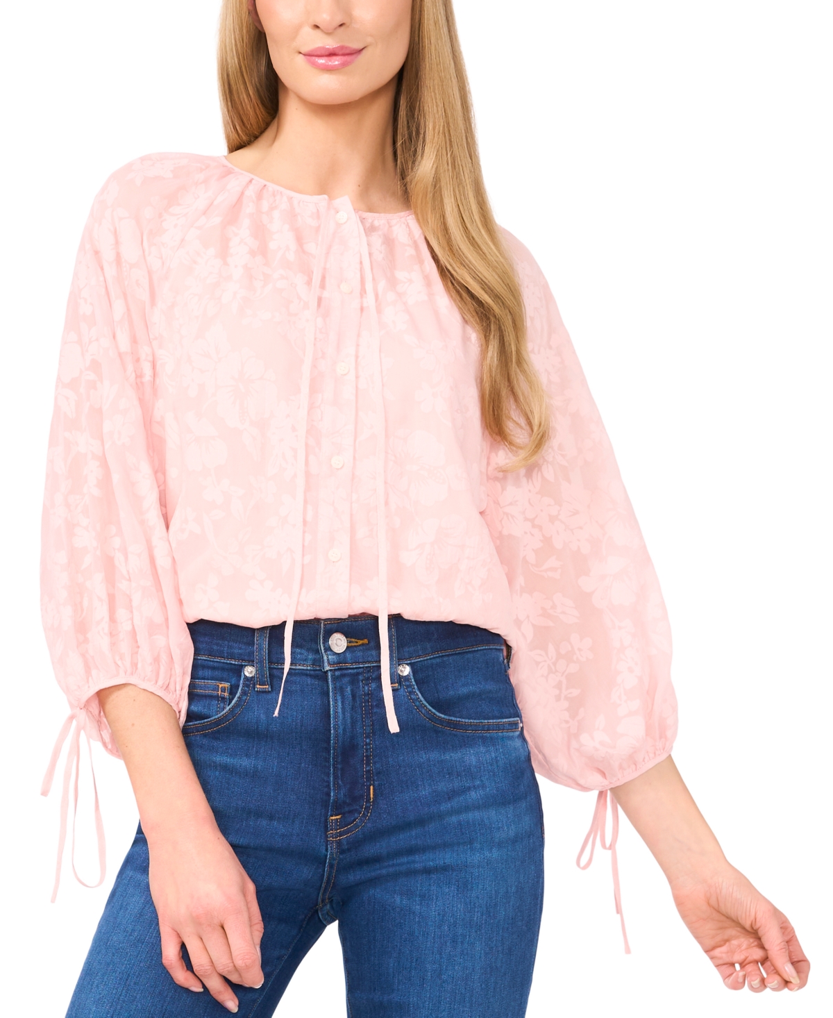Shop Cece Women's Floral-lace Button-front Puff-sleeve Blouse In Sugar Peach