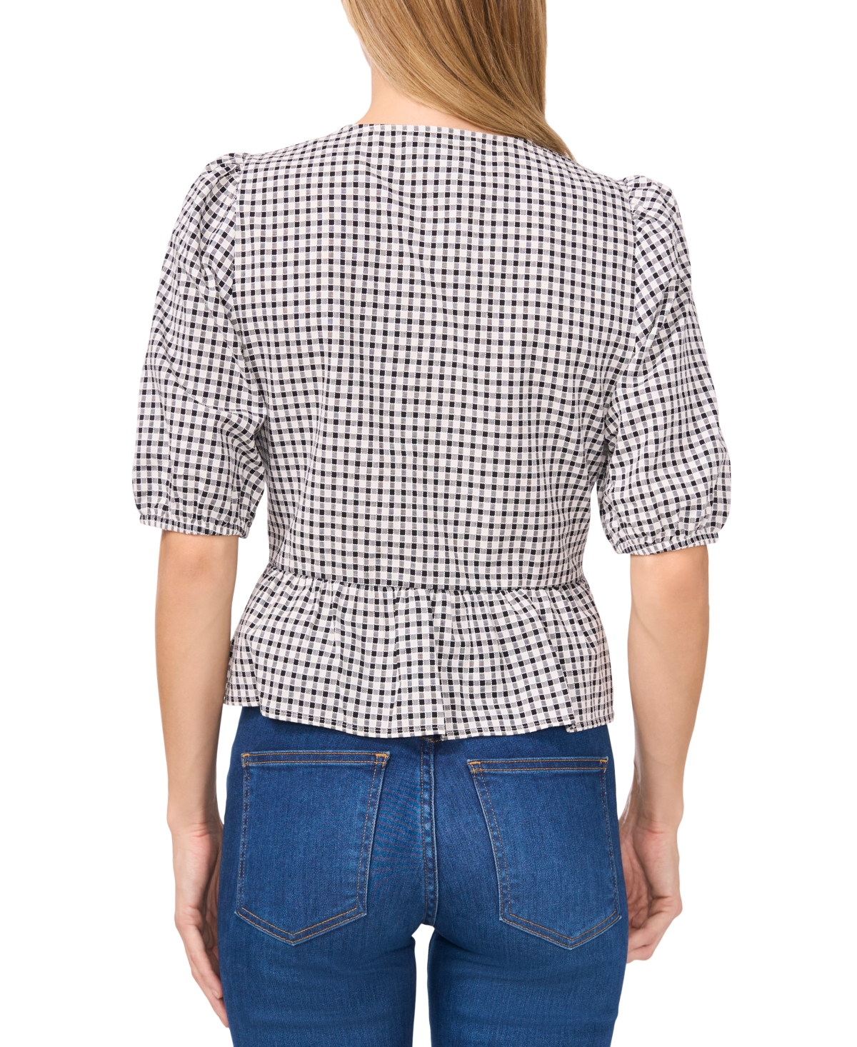 Cece Gingham Bow Front Cotton Peplum Top In Rich Black