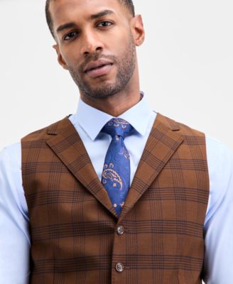 Men's Classic-Fit Brown/Navy Plaid Suit Separate Vest